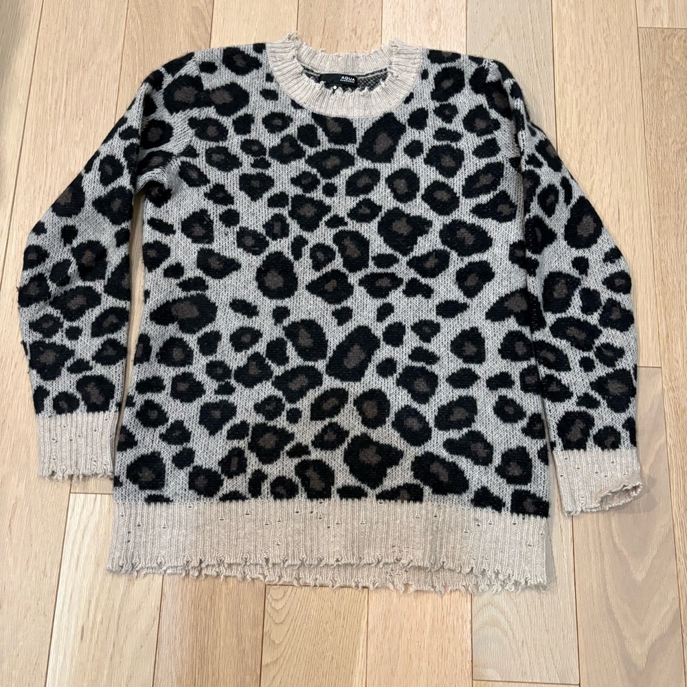 Aqua Cashmere Leopard Print Crew Neck Sweater with Distressed Trim